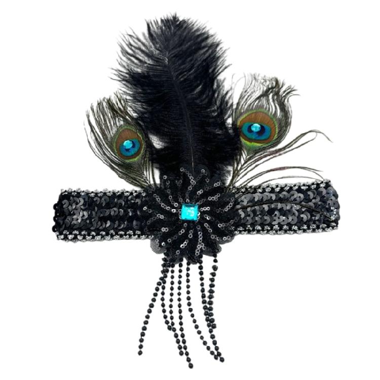 Sparkling Tassels Feather Hairband Elastic Stretch Design With Ostrich Peafowl Feather Stylish Headwear For Women Girls