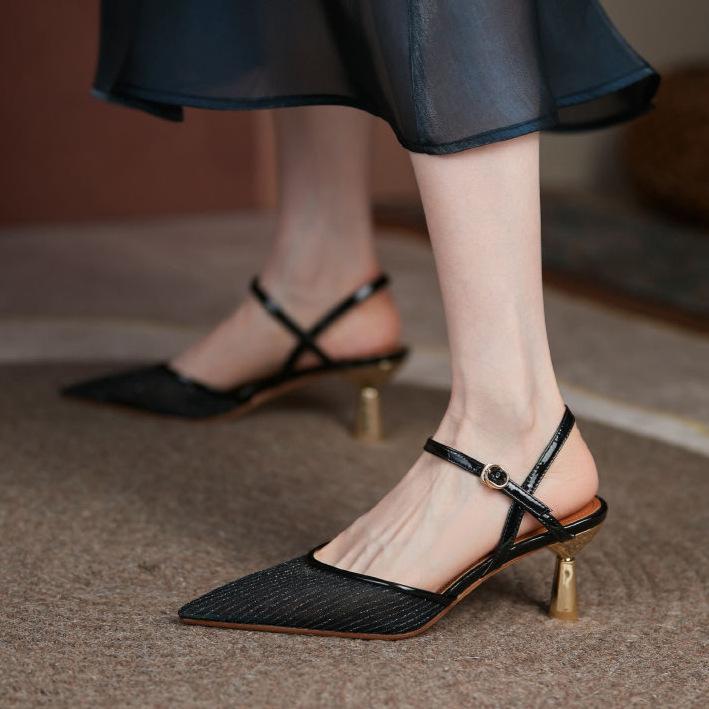 Mesh sandals fairy fairy wind bag head empty niche shoes summer new thin heel one-word buckle pointed high heels