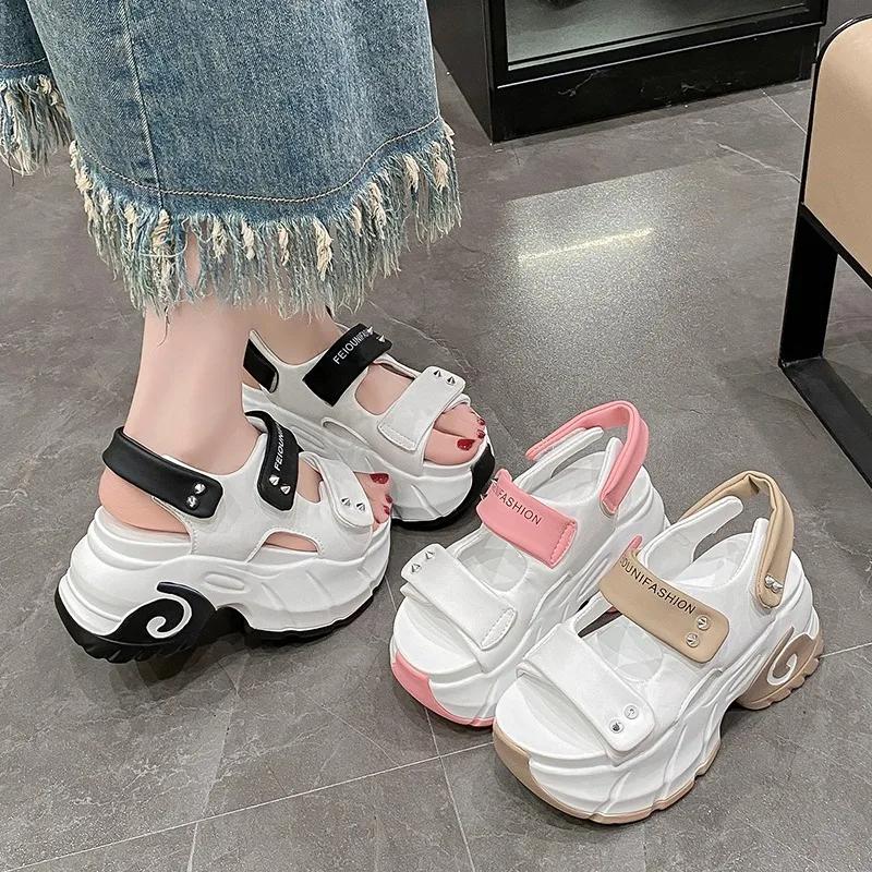 Fashion Women Leisure Chunky Platform Sandals Peep Toe High Heels New Gladiator Slippers Woman Trendy Summer Leather Beach Sandals 8.5CM