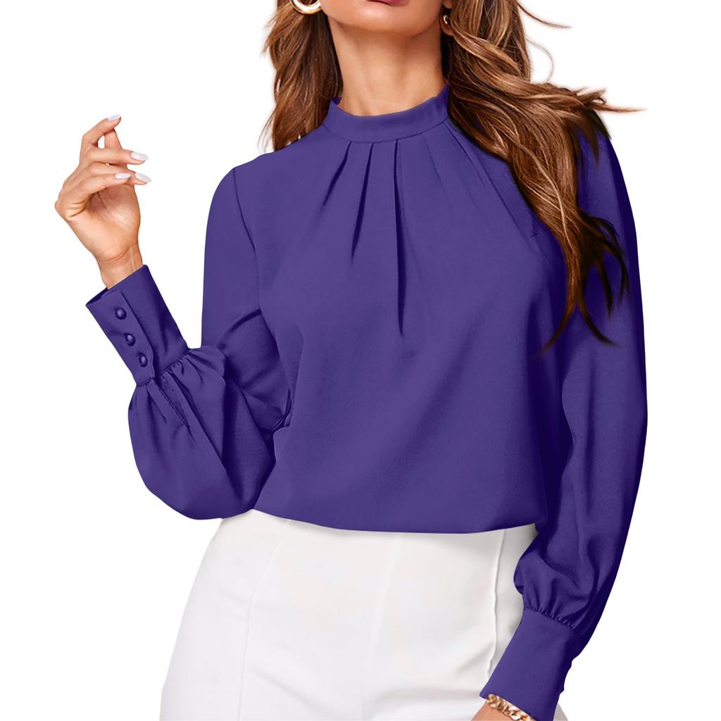 Ladies' Fashionable And Elegant Chest Pleated Stand Collar Long Sleeved Solid Color Top