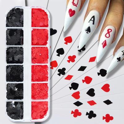 12 mřížek 3D hrací karty Flitry na nehty Přívěsky Srdce Abeceda Švestka Poker Vločky Dekorace Na Nehty Potřeby Příslušenství