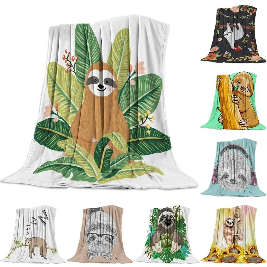 Blanket Sloth Leaves Cute Animal Cartoon Tropical Forest Hawaiian Forests Flannel Blanket Soft Throw Sofa Bed Travel Blankets