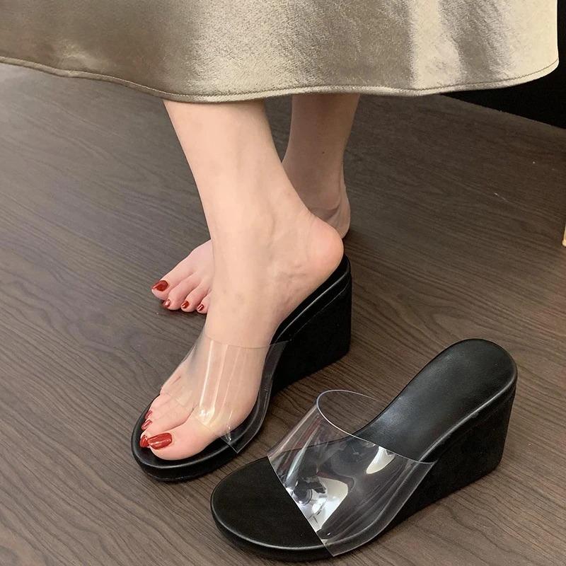 Fashion PVC Transparen Wedges Heel Women's Slipper Summer Open Toe High Heels Banquet Party Slide Shoes