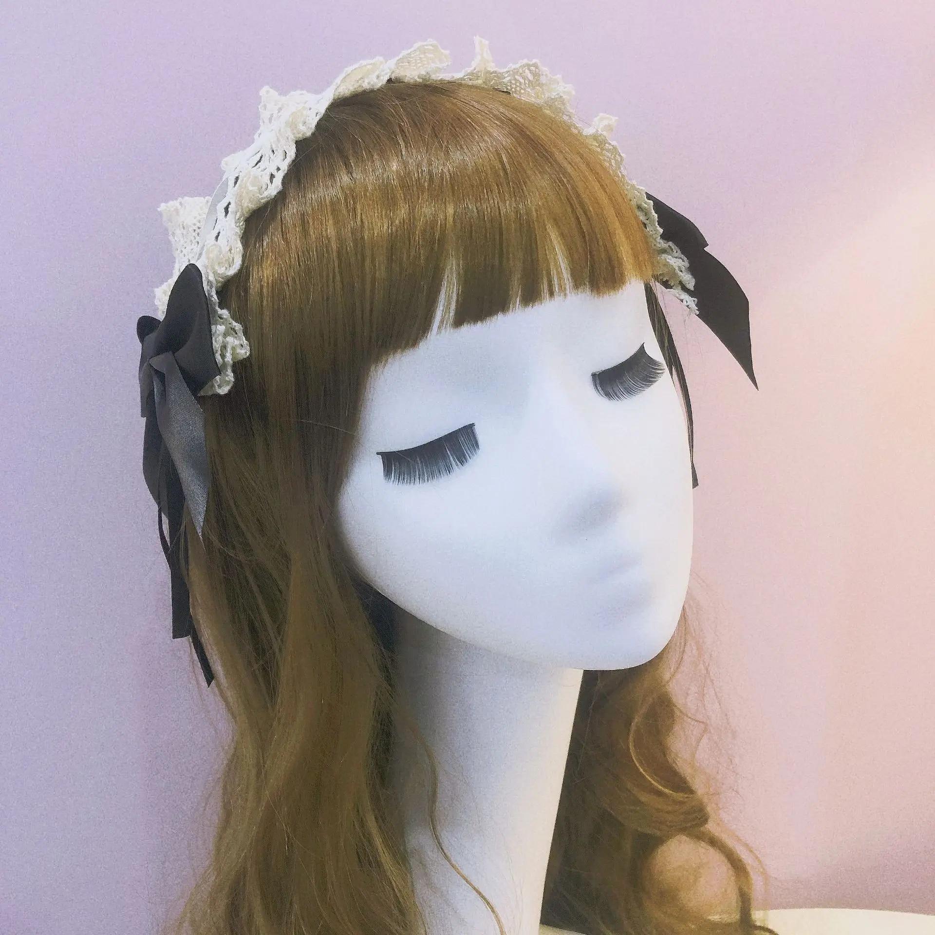 

Женская повязка на голову в стиле Лолиты с рюшами, милая кружевная лента с бантом, повязка на голову с бантом, японский аниме-костюм горничной, головной убор Free size чёрный