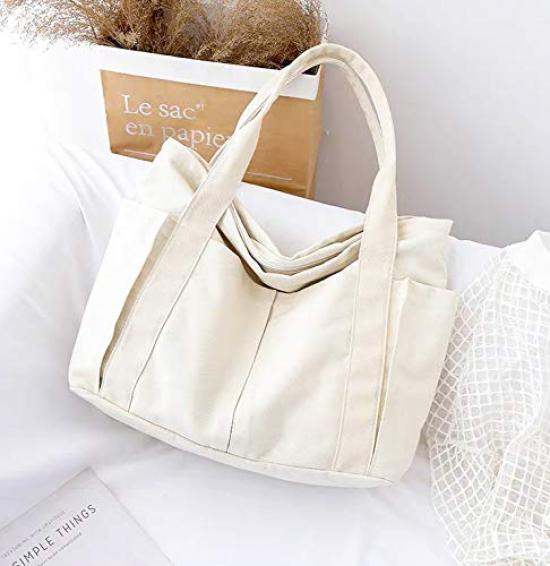 Umetoo Canvas Tote Bag with Zipper, Large Capacity, Multi-Pockets, Unisex, Eco Bag (Beige)