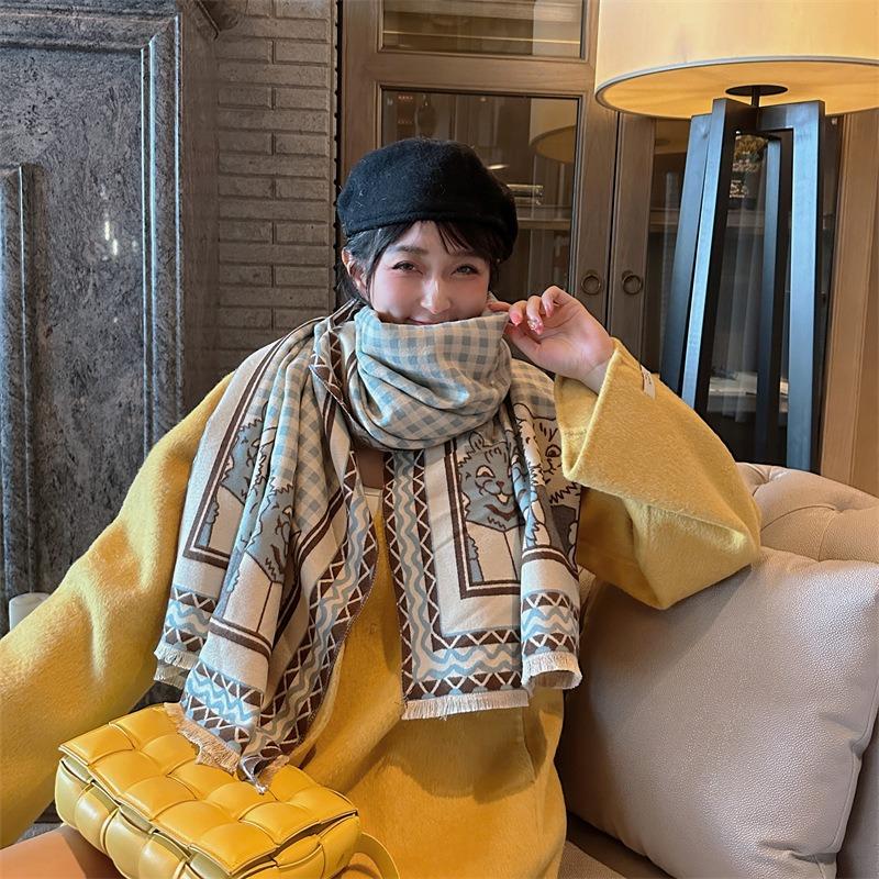 New Cat Imitation Cashmere Scarf Women's Winter Double-sided Plaid Warm Scarf Shawl with Light Luxury