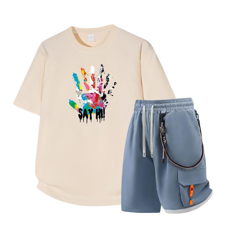 Dmo Men's Short Sleeved Set Summer Short Sleeved Slim Fit Upper Garment Men's Two-piece Set