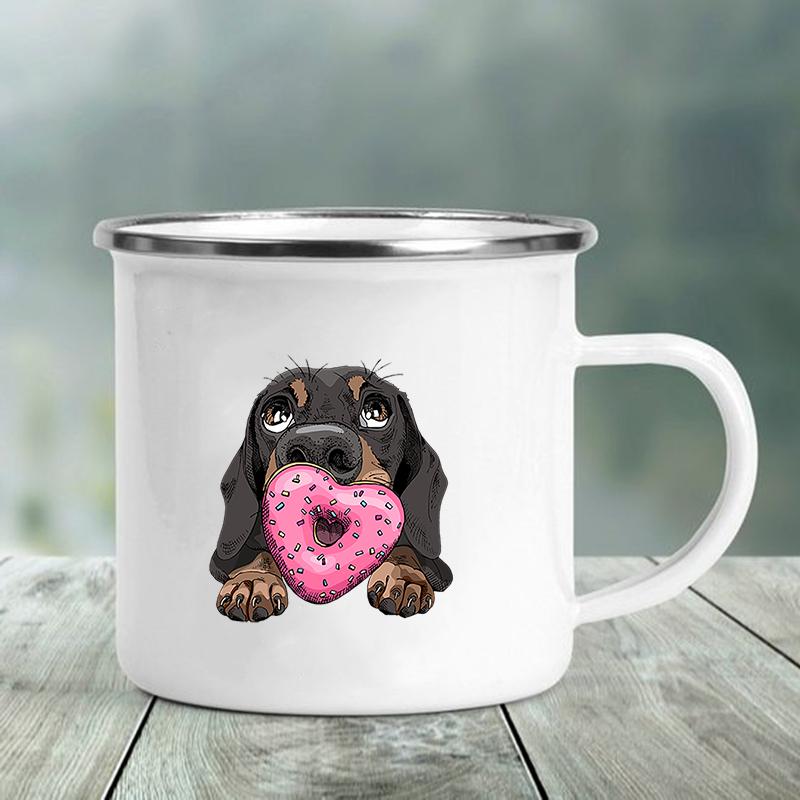 Emaille-Tasse mit Aufdruck „I Love Dackel“, kreatives Glas, für Kaffee, Getränke, Dessert, Milch, Tasse, Glas, Vintage, beheizbarer Griff, Trinkgeschirr, Geschenke