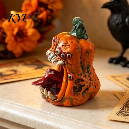 Fangs Pumpkin Decoration Halloween Evil Figurine, Ornament with Multi Eyes and Spooky Decorations Fangs, Demon Resin Statue for Party Shape