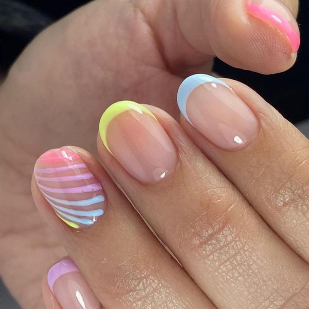 Colorful French Tip Press on Nails Glossy Nude Fake Nails Short Oval Lines Glue on Nails Reusable Acrylic Stick on Nails for Women