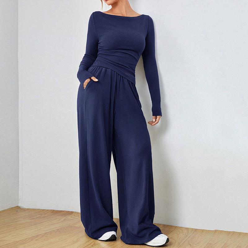 Women's Navy Blue One-Shoulder Long Sleeve Wide Leg Jumpsuit