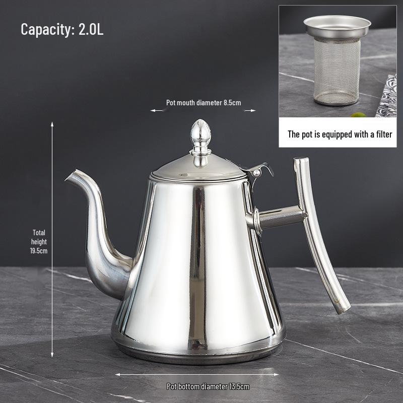 Stainless Steel Teapot with Filter for Induction Cookers - Long Spout, Large Capacity, Ideal for Restaurant Use.