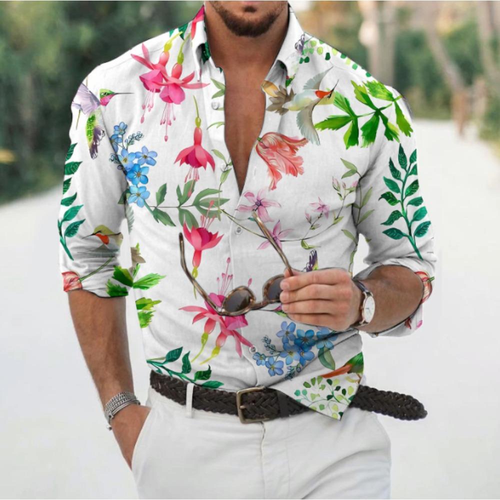 Men's Floral Printed Long Sleeve Shirts Casual Cardigan New Button Holiday Fashion Shirts