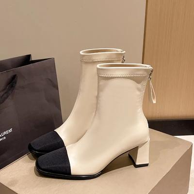 Fashion Women Korean Boots Winter High Heels Bow Square Toe Retro Ankle Boots Chunky Heels Dress Shoes Elastic Short Botas De Mujer