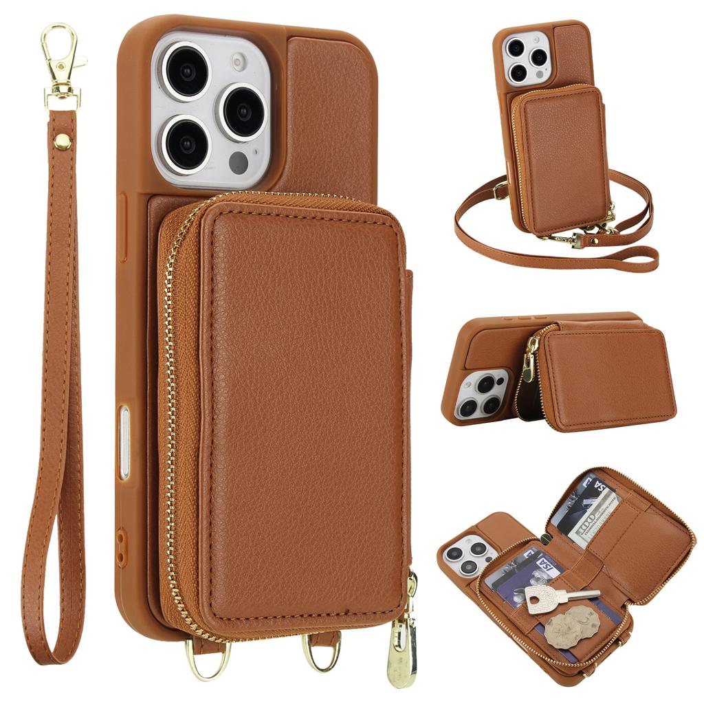 For iPhone 16 Pro Case RFID Blocking Zipper Wallet Leather + TPU Phone Cover with Shoulder Strap