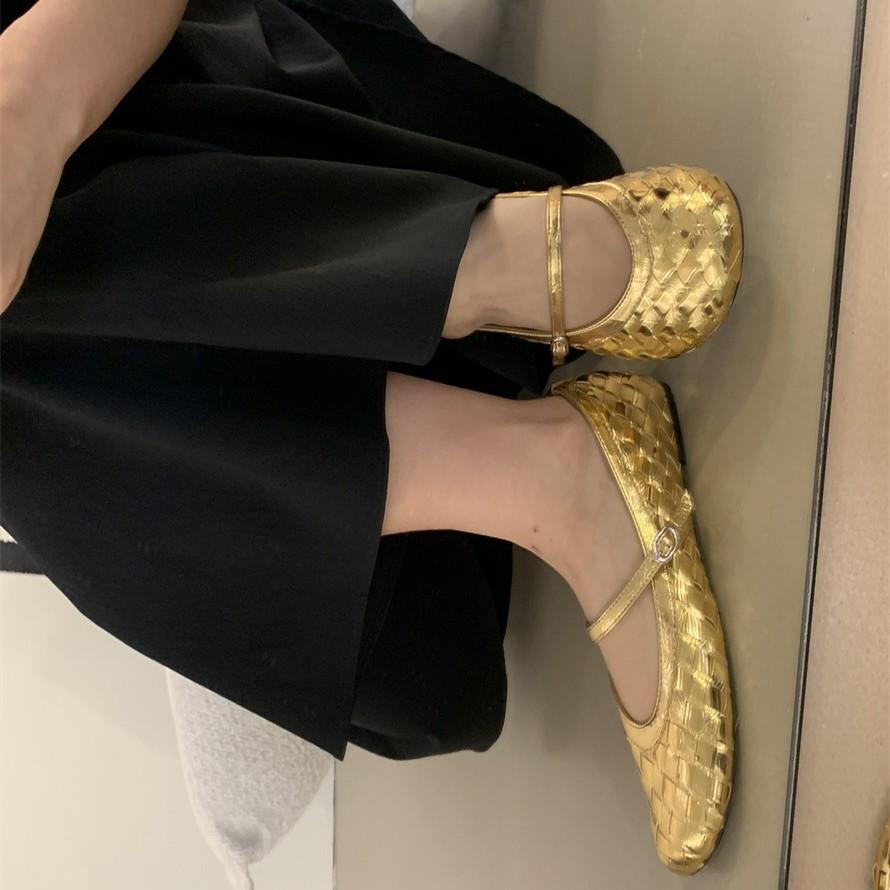 2025 summer new hand-woven Roman shoes square head shallow mouth soft sole word with flat bottom Mary Jane single shoes women