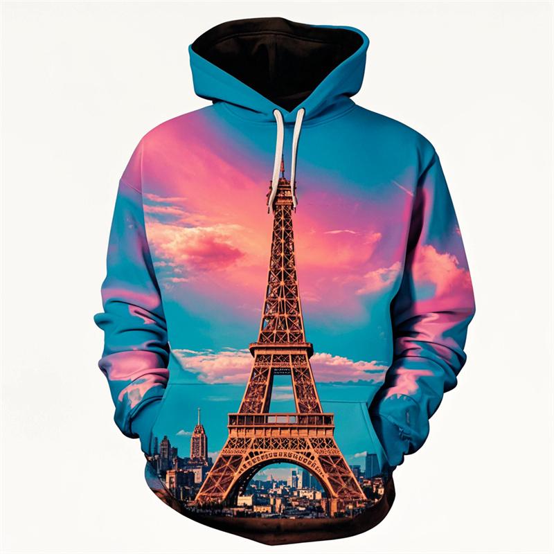 Famous Eiffel Tour Pattern Hoodies For Men Sunset Glow 3D Printed Sweatshirts Casual Pullover Long Sleeve Hooded Loose Tracksuit