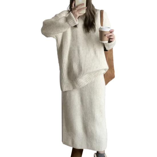 2 Pcs/Set Women Sweater Skirt Suit Knitted Thick Warm Solid Color Loose Elastic Long Sleeve Round Neck Cozy Winter Skirt Sweater Set