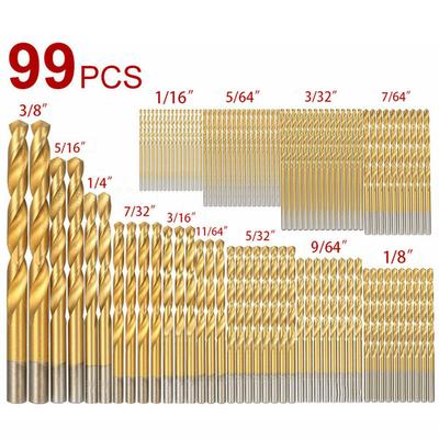 99Pcs Drill Bits Set 1/16''-3/8'' High-speed Steel Titanium Multi Bits Metal Tools