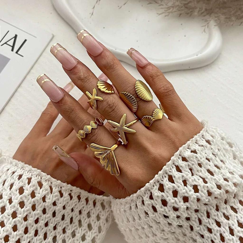 PuRui alla Moda Set da 6 Pezzi Anelli Apribili Regolabili Dita Donna Stella Marina Design Unico Quotidiano Festa Estetica Y2K Zircone