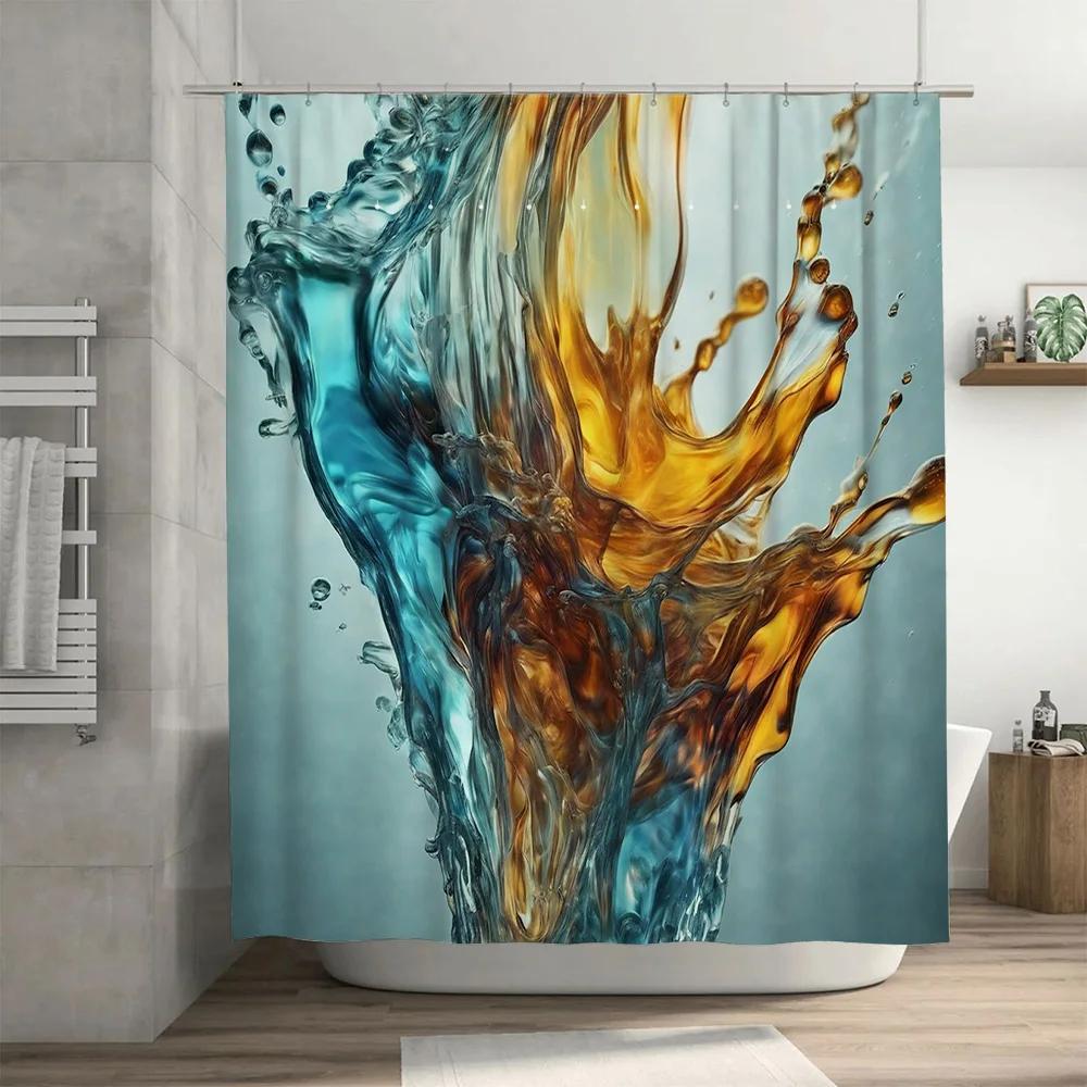 Super Soft Printed Shower Curtain Set for Bathroom Decor Blue Gold Splash Pattern