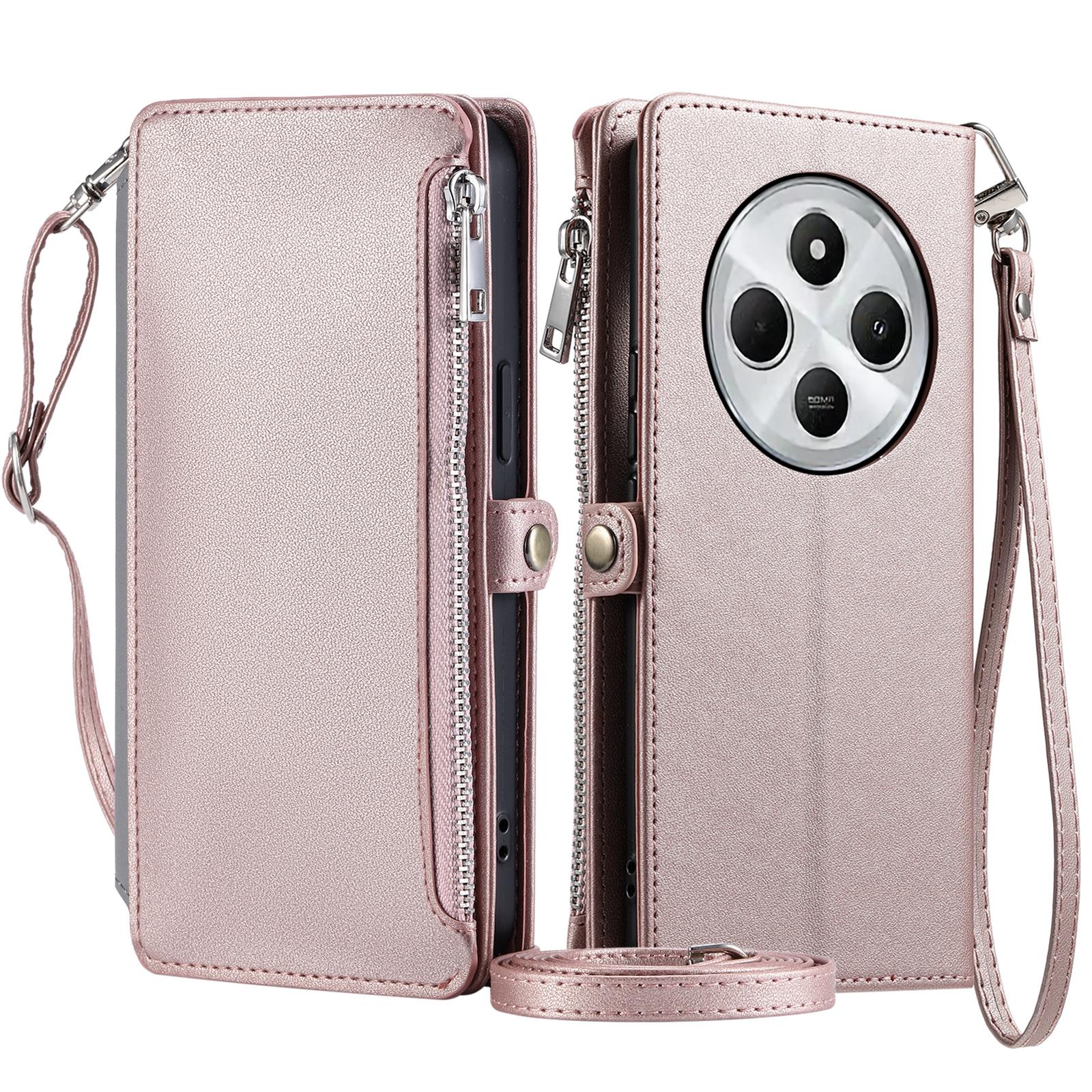 

015 Style For Xiaomi Poco C75 4G/Redmi 14R 5G/14C 4G Case TPU+PU Leather Wallet Phone Cover with Straps Rose Gold