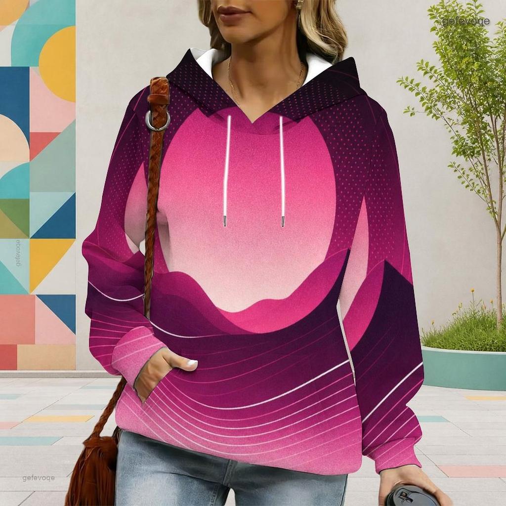 Women Plus Size Colorful Abstract Swirl Printed Long Sleeve Drawstring Hooded Pullover With Kangaroo Pocket