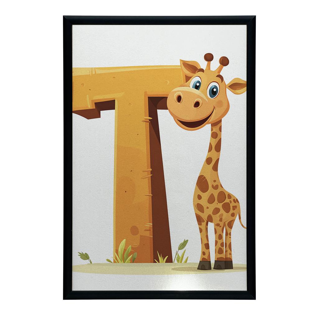 Poster Lächelnde Giraffe mit dem Buchstaben T Poster Lächelnde Giraffe mit dem Buchstaben T, 30X40 cm, Holzrahmen Dunkelbraun, Mattpapier 230 g/m²