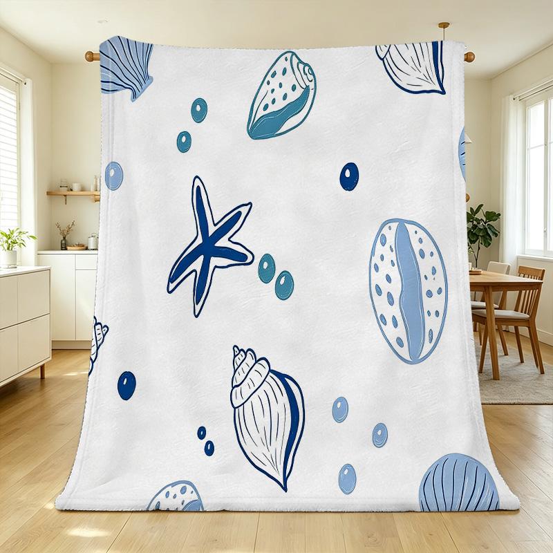 Plush Flannel Throw Blanket – Machine Washable Soft Warm Ocean Theme with Shell & Starfish, Cozy for Home Lounge, Office Nap, Halloween & Christmas
