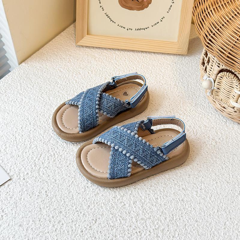 

2025 Summer New Kids Crochet Strap Sandals for Girls Anti-slippery Thick Sole Toddler Beach Shoes Princess Boho Style Vacation 25 синий