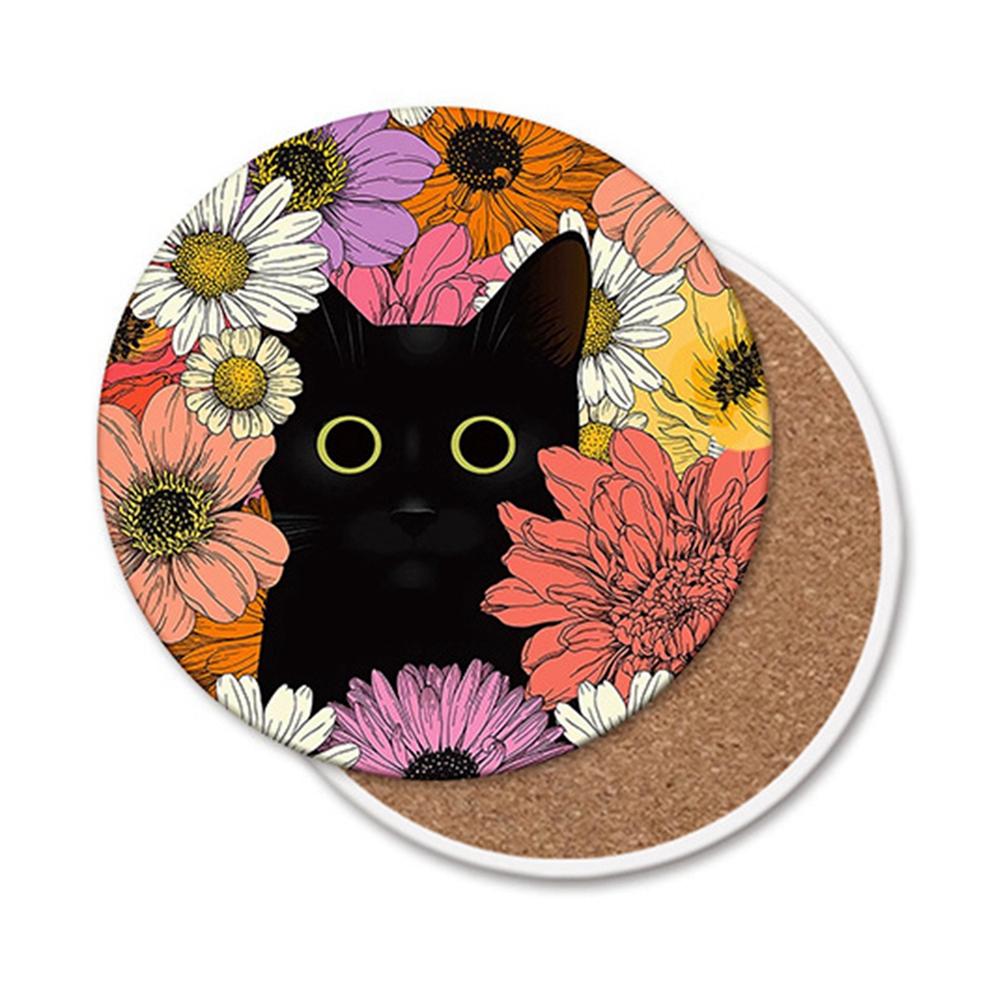 

Cute Cat and Flower Printed Round Coaster Water-Absorbing Heat-Resistant Mat