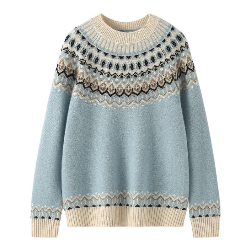 Women's Fair Isle Jacquard Cashmere Sweater - Versatile Round Neck Knit for Autumn/Winter