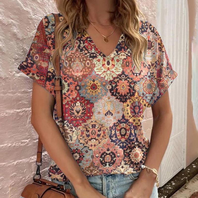 Casual Bohemian Print Women's Short Sleeve V-Neck Top T-Shirt