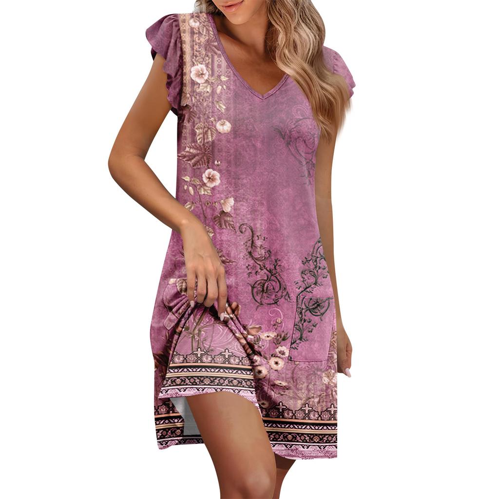 Womens Summer Dress Ruffle Sleeve V Neck Short Dresses Fashion Casual Flowy A Line Swing Sundress With Pocket