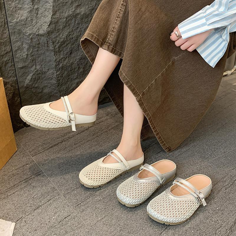 Hollow Woven Bag Head Half Slippers Women's Summer Wear New Flat Bottom Breathable Hole Shoes Sandals
