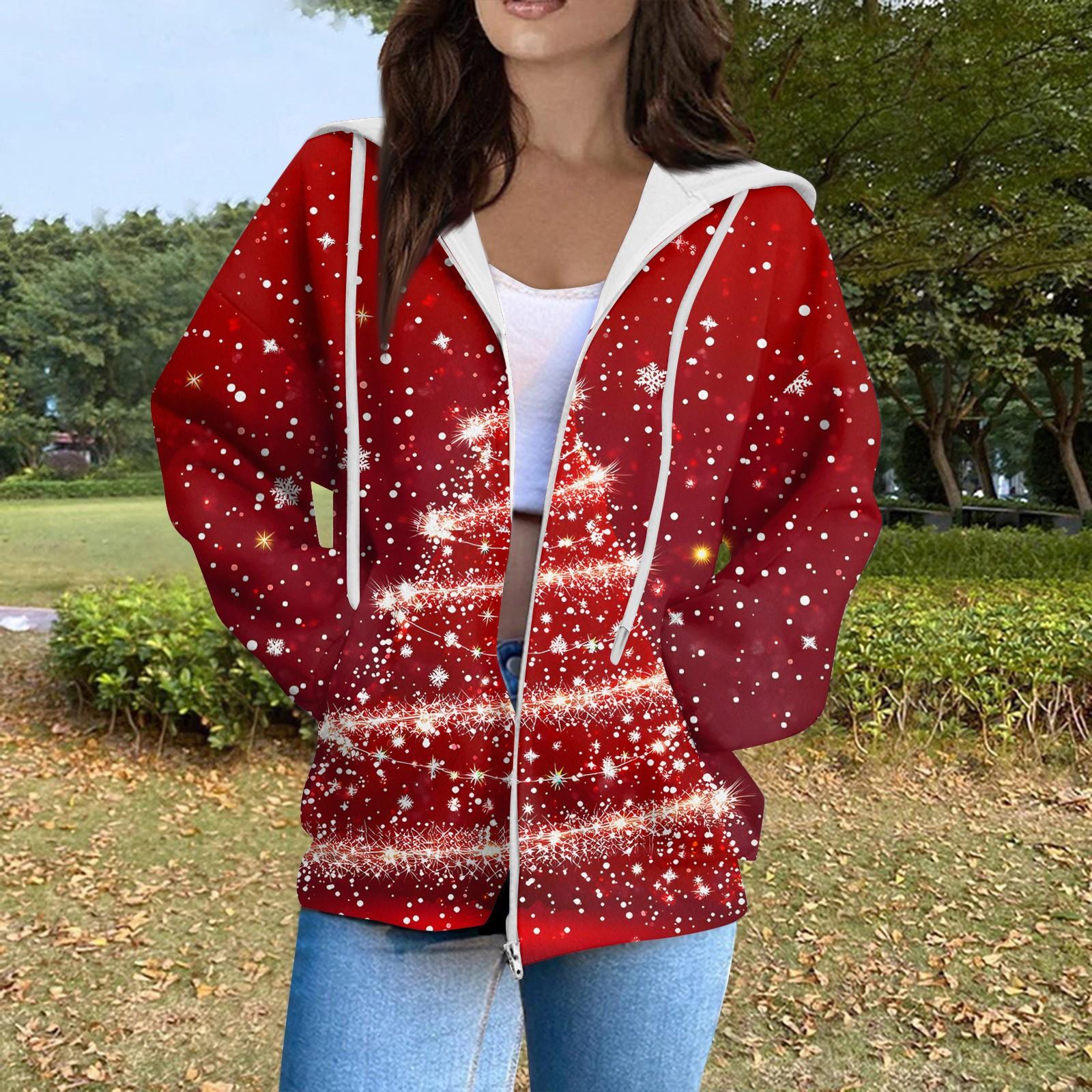 

Женская мода повседневный длинный рукав рождественский принт кардиган пальто с карманом на молнии S красный