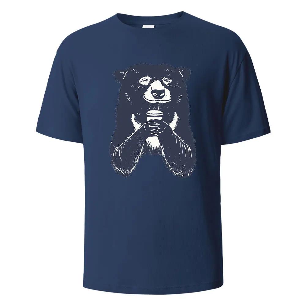 T-shirt à Imprimé Ours Buvant T-shirts d'Été Pour Hommes Femmes 100% Coton Col Rond Surdimensionné Décontracté Manches Courtes Streetwear Haut Basique