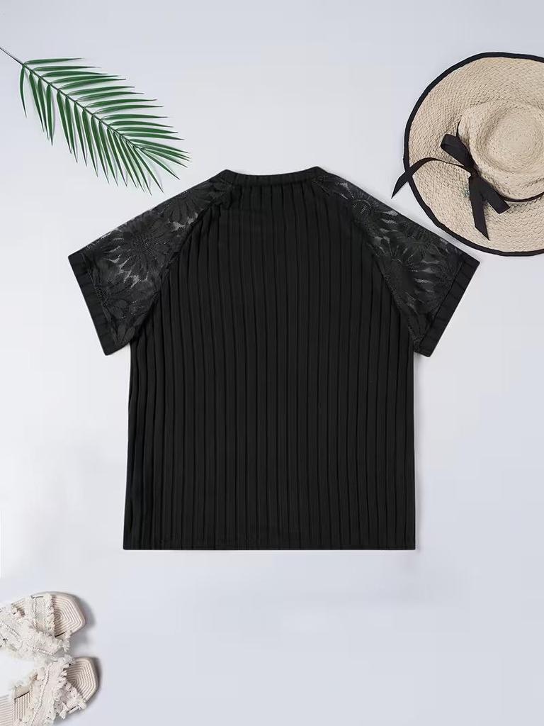 Frühling/Sommer 2026 Damen Übergröße V-Ausschnitt Spitzen-Patchwork Kurzarm-Top