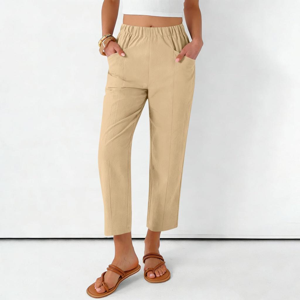 Women's Fashionable Loose-Fit Pocket Cotton-Linen Blend High-Waisted Wide-Leg Pants Casual Cropped Trousers