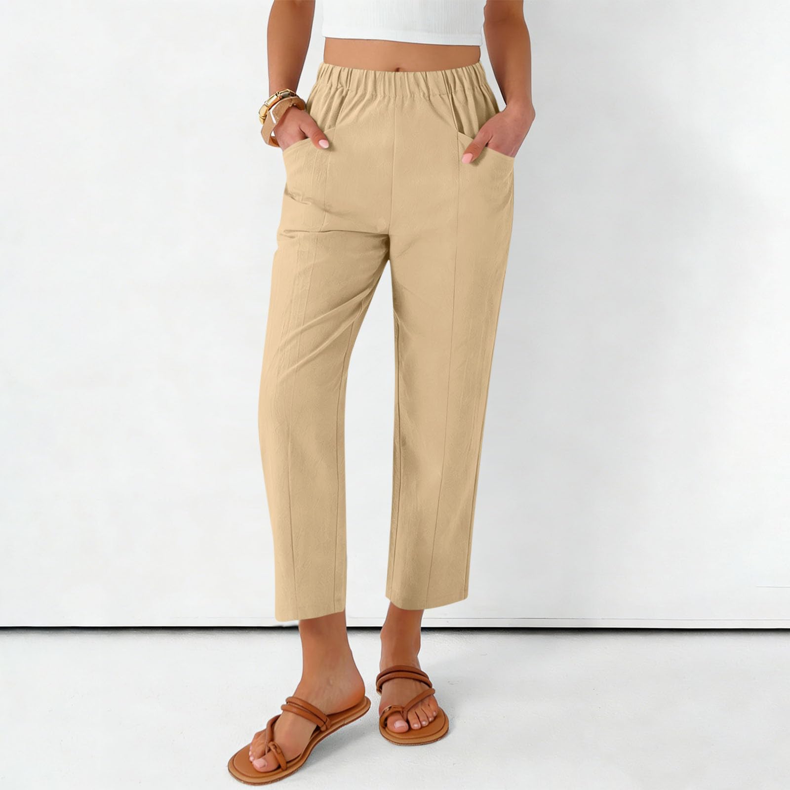 

Women s Fashionable Loose-Fit Pocket Cotton-Linen Blend High-Waisted Wide-Leg Pants Casual Cropped Trousers L хаки