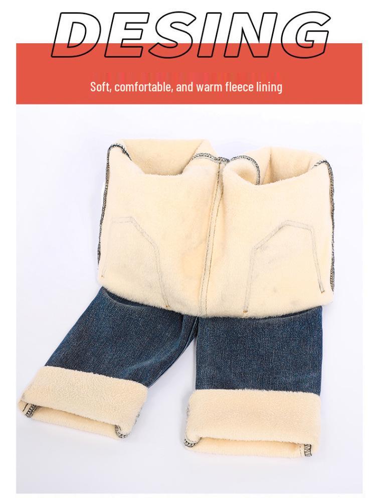 Damen Jeans Herbst/Winter 2023 - High-Waist, Gerade Beine, Mit Samt gefüttert, Lockerer Schnitt, Schlankmachend, Elastisch, Zigaretten-Stil, Neun-Punkt-Länge