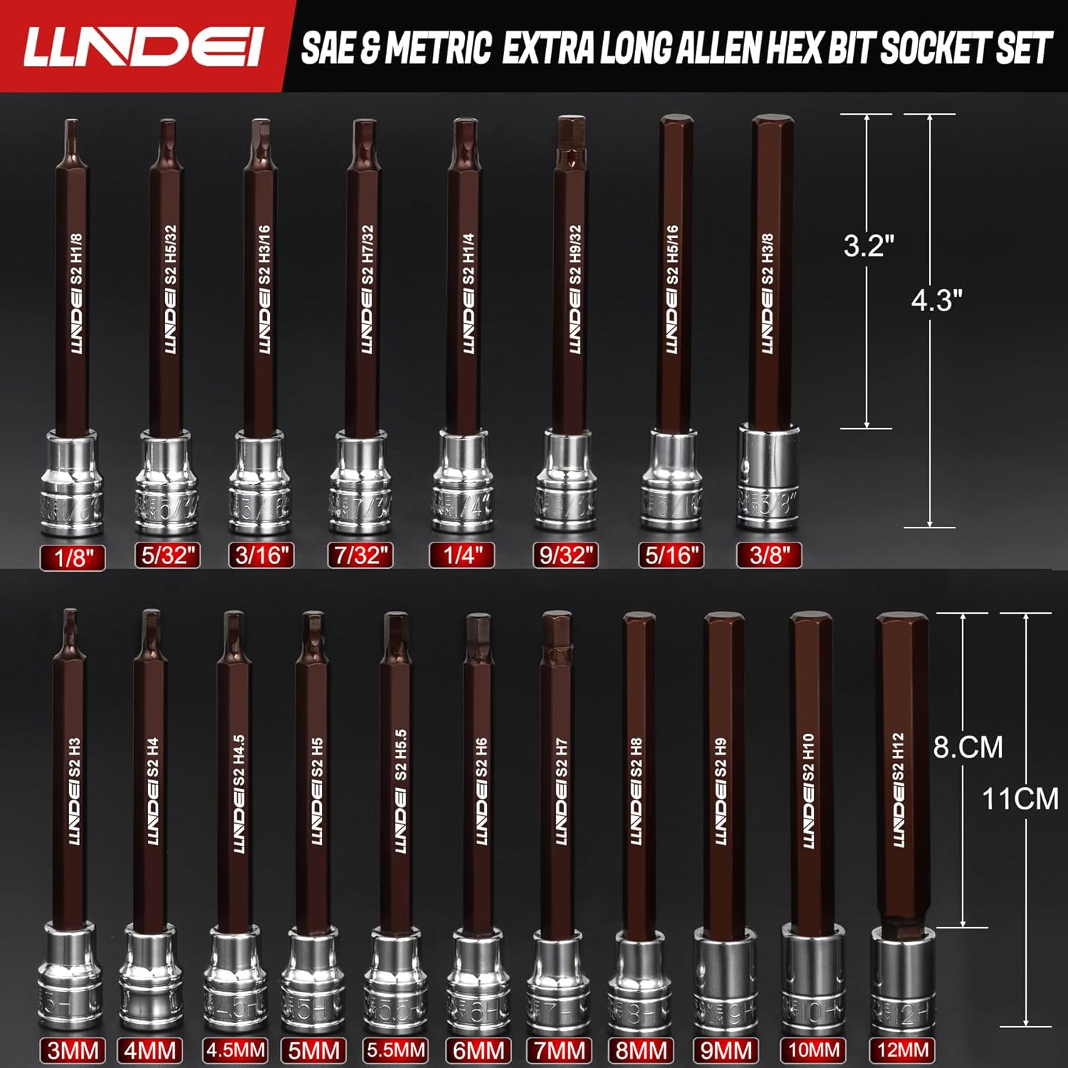 

3/8-Inch Drive Extra Long Allen Hex Bit Set 19PCS, SAE & Metric (1/8 -3/8 , 3-12mm), CR-V&S2 Steel United States