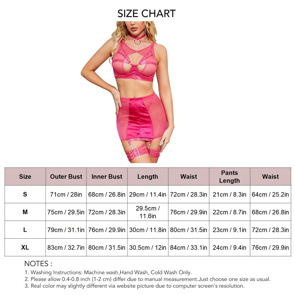 7pcs Women Lingerie Set Hollow Out Garter Belt Leg Loops See Through Mesh Splicing Nightwear Black S