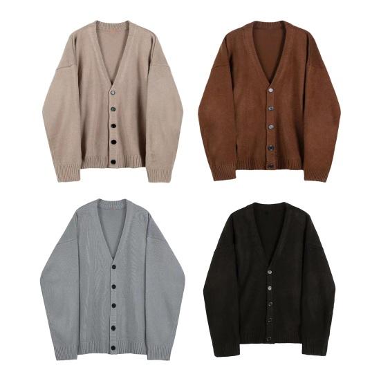 Fall Winter Men Sweater Cardigan V Neck Knit Thick Elastic Long Sleeves Loose Preppy Style Warm Solid Color Knitwear Daily Wear Sweater Coat