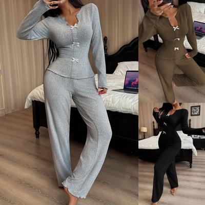 Womens V-Neck Knit Pajama Set With Bow Detail Long Sleeve Top Pants Comfortable Cozy Sleepwear Winter Fall