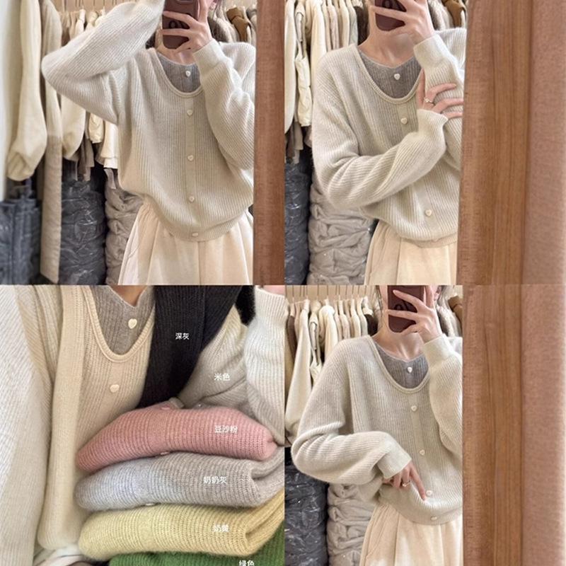 Korean Style Green V-Neck Knit Two-Piece Look Sweater - Women's Autumn/Winter Soft and Stylish Top