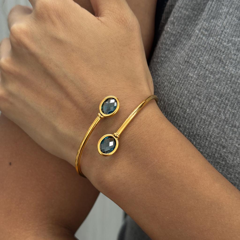 J&D 18K Gold Stainless Steel Spring Open Bangle Cuff Blue White CZ Connector Flexible Adjustable Hypoallergenic Dainty