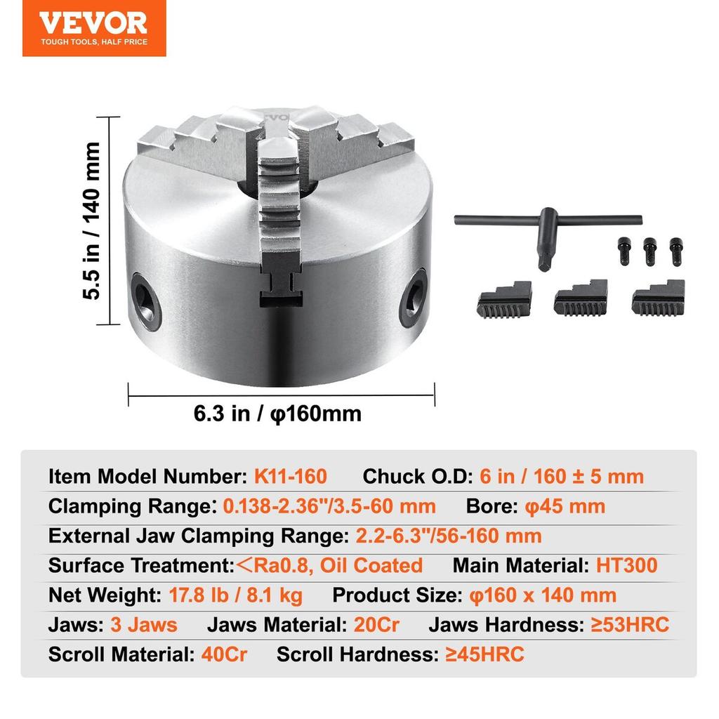 3-Jaw Lathe Chuck, 6'', Self-Centering Lathe Chuck, 0.14- 6.3 in/3.5-160 mm Clamping Range with T-key Fixing Screws Reversible Jaws, for Lathe 3D