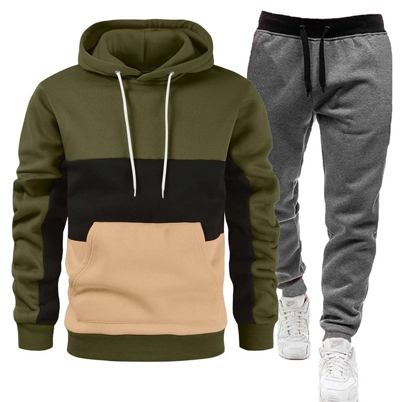 Men's Color Block Hoodie & Sweatpants Set Casual 2PCS Tracksuit, Drawstring Sportswear Outfit