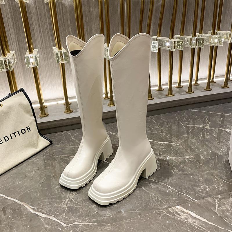 

Ботинки на толстой подошве и толстом каблуке 2025 новые весенне-осенние кремовые ботинки на высоком каблуке с V-образным вырезом, темпераментные, но универсальные ботфорты до колена 40